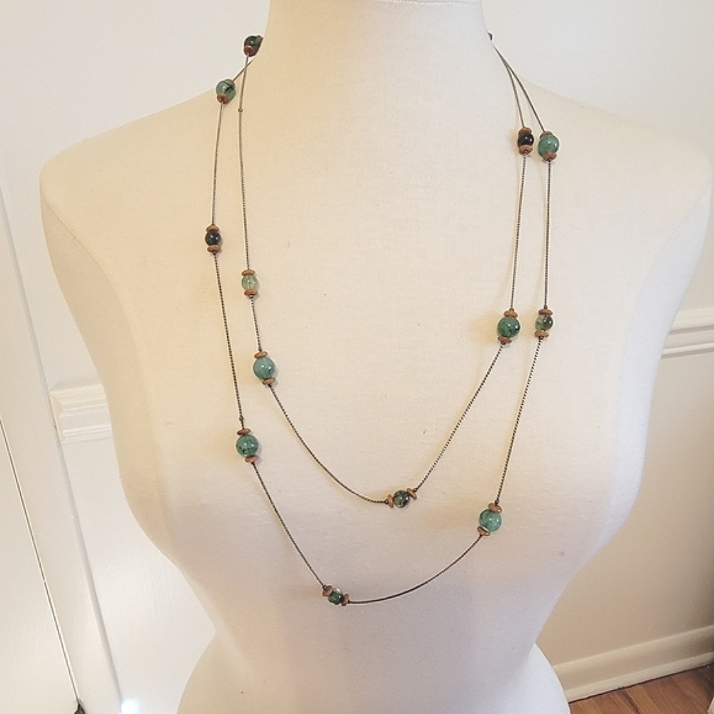 🔴 14k White Gold Plated Long Chain w/ Sea Ocean Blue Green Beads Necklace